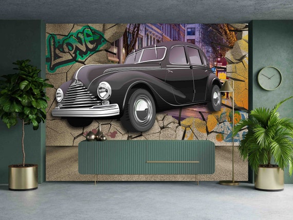 3D Classic Car Wall Mural - Custom Size, Self-Adhesive Wallpaper