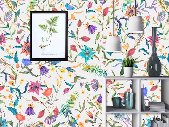 Custom Size Wallpaper - Peacock Feather And Leaves Wallpaper - Peel and Stick Wall Decal - Self Adhesive or Pre-Pasted