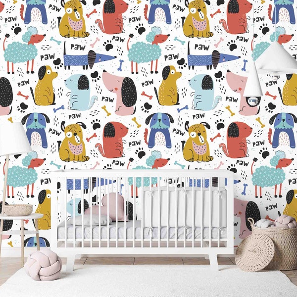 Custom Size Wallpaper - Childish Pattern with Funny Dogs Wallpaper - Peel and Stick Wall Decal - Self Adhesive or Pre-Pasted