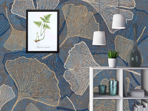 Custom Size Wallpaper - Modern Retro Plant Ginkgo Leaf Wallpaper - Peel and Stick Wall Decal - Self Adhesive or Pre-Pasted