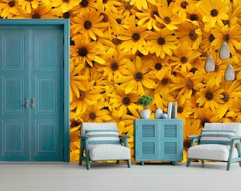 Peel and Stick Wallpaper, Yellow Flowers, Custom Size (Removable)