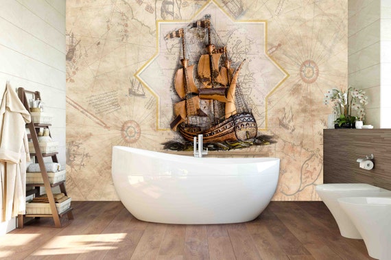 3D Ship Wallpaper Mural: Custom Size Piri Reis Map Design
