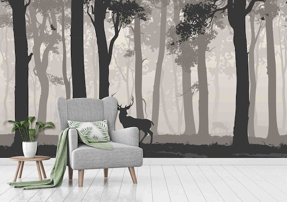 Custom Size Wallpaper - Deciduous Forest, Birds and Deer Wallpaper - Peel and Stick Wall Decal - Self Adhesive or Pre-Pasted