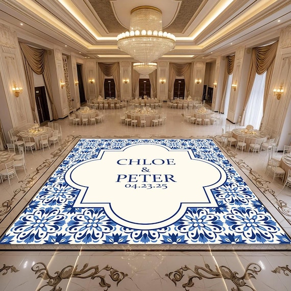 Custom Wedding Dance Floor Decal - Elegant Vinyl Floor Wrap - Blue & White Tile Design - Personalized Reception Decor