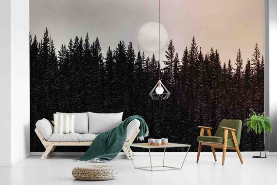 Custom Size Wallpaper - Pine Tree and Moon Wallpaper - Peel and Stick Wall Decal - Self Adhesive or Pre-Pasted - Removable Wallpaper