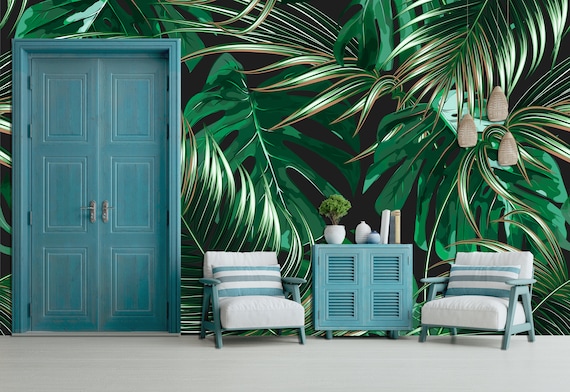 Custom Size Wallpaper - Tropical Palm Leaves Jungle Leaf Floral Wallpaper  - Peel and Stick Wall Decal - Self Adhesive or Pre-Pasted