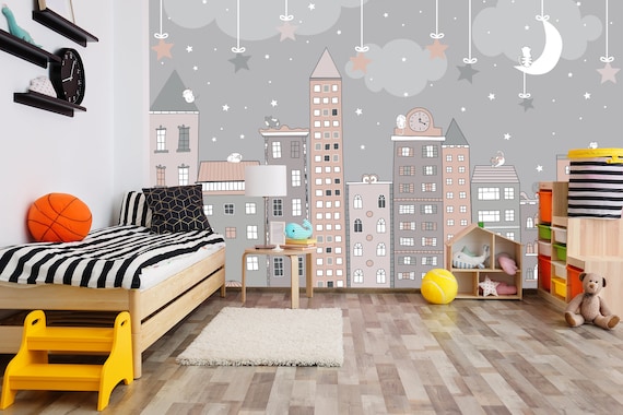Custom Size Wallpaper - Hand drawn Kids Nursery Cityscape Wallpaper - Peel and Stick Wall Decal - Self Adhesive or Pre-Pasted