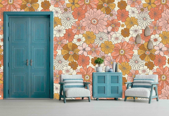 Custom Size Wallpaper - Retro Flower Wallpaper  - Peel and Stick Wall Decal - Self Adhesive or Pre-Pasted - Removable Wallpaper