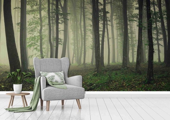 Custom Size Wallpaper - Fog in Green Forest Textured Wallpaper - Peel and Stick Wall Decal - Self Adhesive or Pre-Pasted