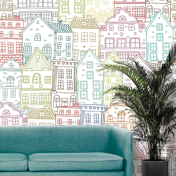 Custom Size Wallpaper - Cute Colorful Line Houses Pattern Wallpaper- Peel and Stick Wall Decal - Self Adhesive or Pre-Pasted