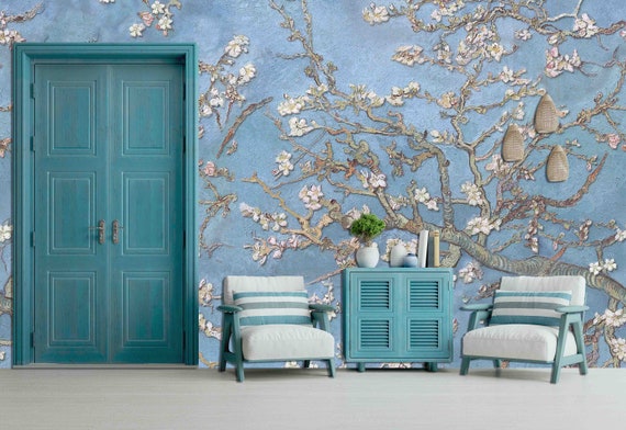 Custom Size Wallpaper - Oil Painting Almond Blossom Wallpaper  - Peel and Stick Wall Decal - Self Adhesive or Pre-Pasted