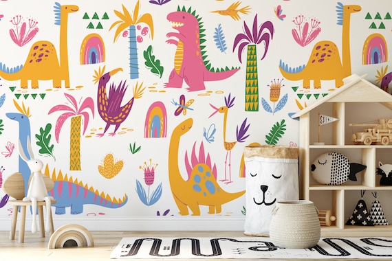 Custom Size Wallpaper - Cute Colorful Dinosaurs Pattern Wallpaper - Peel and Stick Wall Decal - Self Adhesive or Pre-Pasted