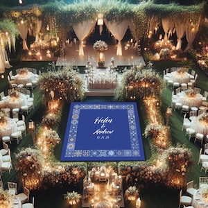 May include: A blue wedding dance floor with a white border and the text "Helen & Andrew 11.12.23" in the center. The dance floor is surrounded by greenery and white chairs.
