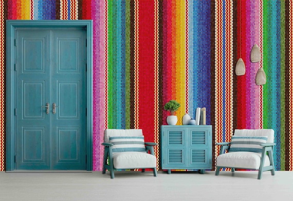 Custom Size Wallpaper - Blanket Stripes for Cinco de Mayo Decor Colorful Wallpaper - Peel and Stick Wall Decal - Self Adhesive or Pre-Pasted
