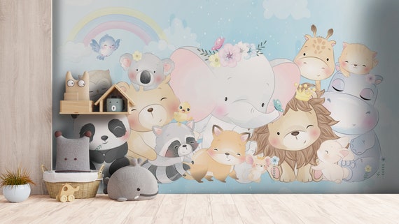 Custom Size Wallpaper - Watercolor Cute Animals Wallpaper - Peel and Stick Wall Decal - Self Adhesive or Pre-Pasted - Removable Wallpaper
