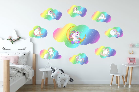 9 Pcs Unicorn In The Cloud Wall Decal - Removable Decals, Stickers For Girls' And Kids' Bedroom Baby and Nursery Room - Birthday Party Favor