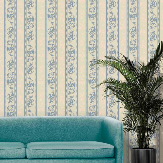 Custom Size Wallpaper - Baroque Beige and Blue Stripped Wallpaper - Peel and Stick Wall Decal - Self Adhesive or Pre-Pasted