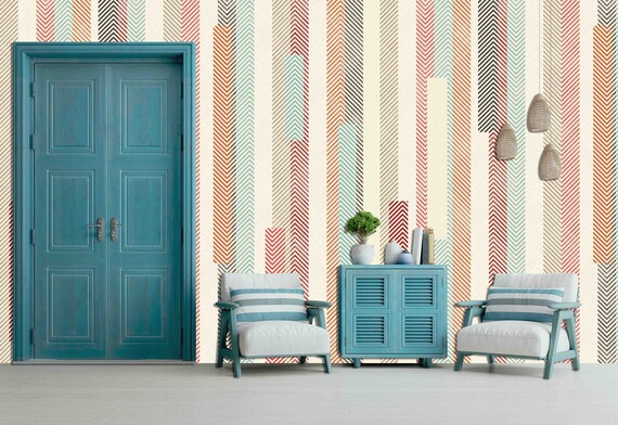 Custom Size Wallpaper - Abstract Colorful Striped Pattern Wallpaper - Peel and Stick Wall Decal - Self Adhesive or Pre-Pasted