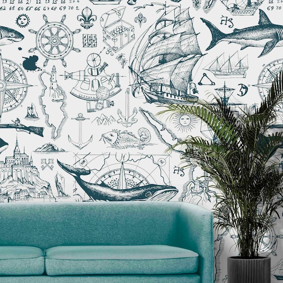 Custom Size Wallpaper - Abstract Hand Drawn Travel Adventure Discovery Wallpaper - Peel and Stick Wall Decal - Self Adhesive or Pre-Pasted