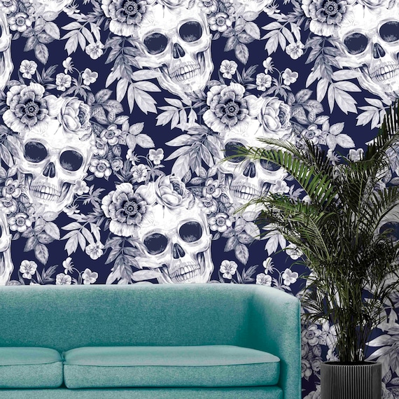 Custom Size Wallpaper - Black and White Flowers and Skulls Pattern Wallpaper - Peel and Stick Wall Decal - Self Adhesive or Pre-Pasted