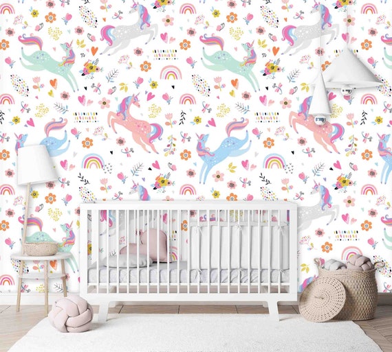 Custom Size Wallpaper - Childish Unicorns Pattern Wallpaper - Peel and Stick Wall Decal - Self Adhesive or Pre-Pasted - Removable Wallpaper
