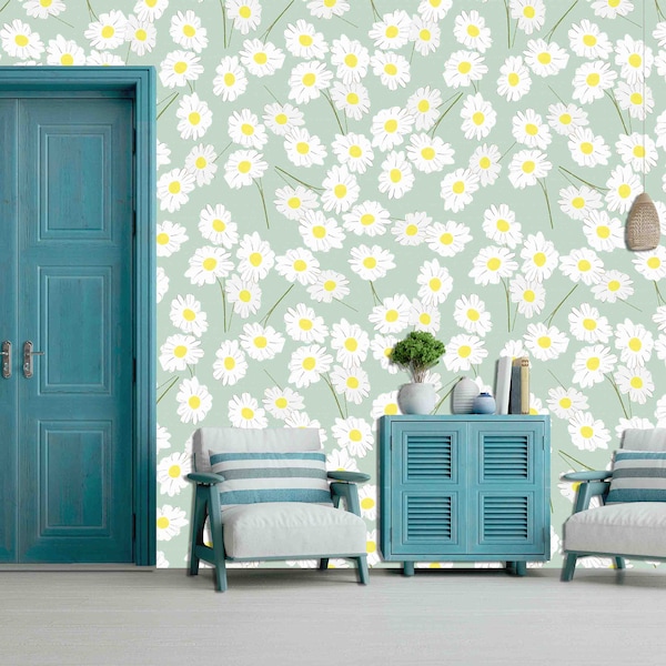 Custom Size Wallpaper - Retro Daisy Wallpaper - Peel and Stick Wall Decal - Self Adhesive or Pre-Pasted - Removable Wallpaper