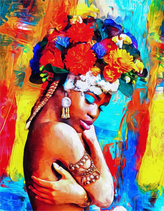 Custom Size Wallpaper - Oil painting African Girl with Flower Wallpaper - Peel and Stick Wall Decal - Self Adhesive or Pre-Pasted