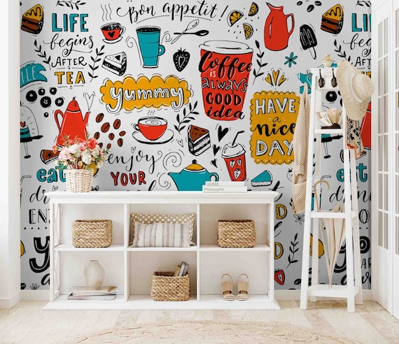 Cafe Pattern Wallpaper: Custom Size Peel and Stick Wall Decal