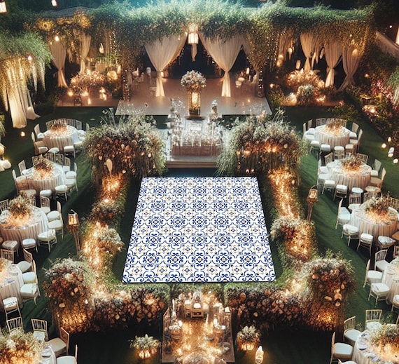 Custom Wedding Dance Floor Decal - Blue & White Tile Vinyl Wrap - Elegant Reception Decor - Personalized Floor Sticker