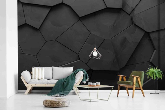 Custom Size Wallpaper - 3D Black Marble with Veins Polished Limestone Wallpaper- Peel and Stick Wall Decal - Self Adhesive or Pre-Pasted