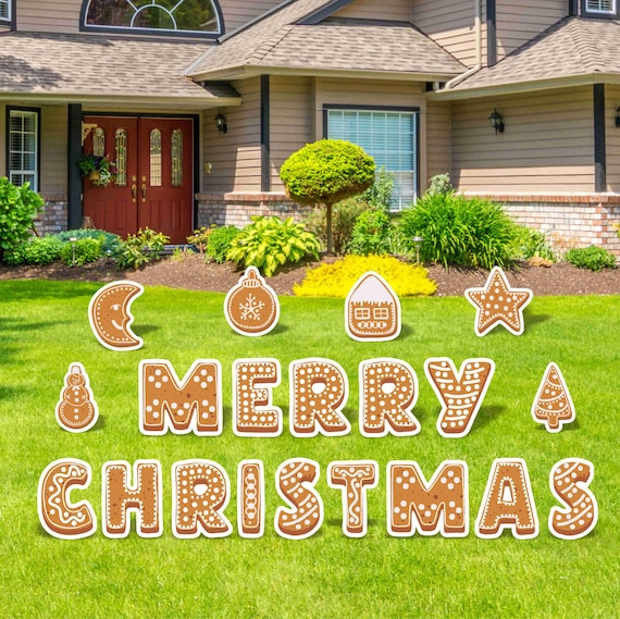 Merry Christmas Yard Signs, 18" Cookies Christmas Lawn Decorations, Large Yard Greeting Sign Sets, Christmas Card Letters with Metal Stakes
