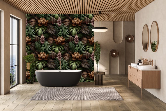 Custom Size Wallpaper - Botanical Dark Flowers Wallpaper - Peel and Stick Wall Decal - Self Adhesive or Pre-Pasted - Removable Wallpaper