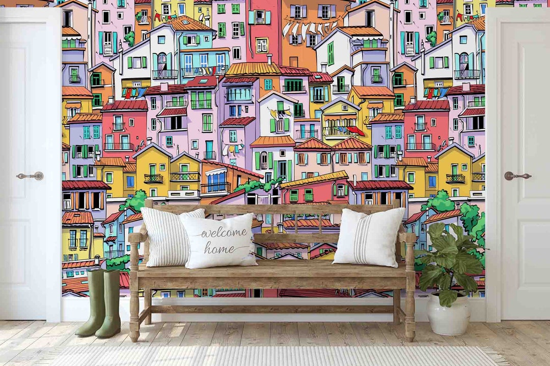 Picture of Custom Size Wallpaper - Colorful Town City Wallpaper - Peel and Stick ...