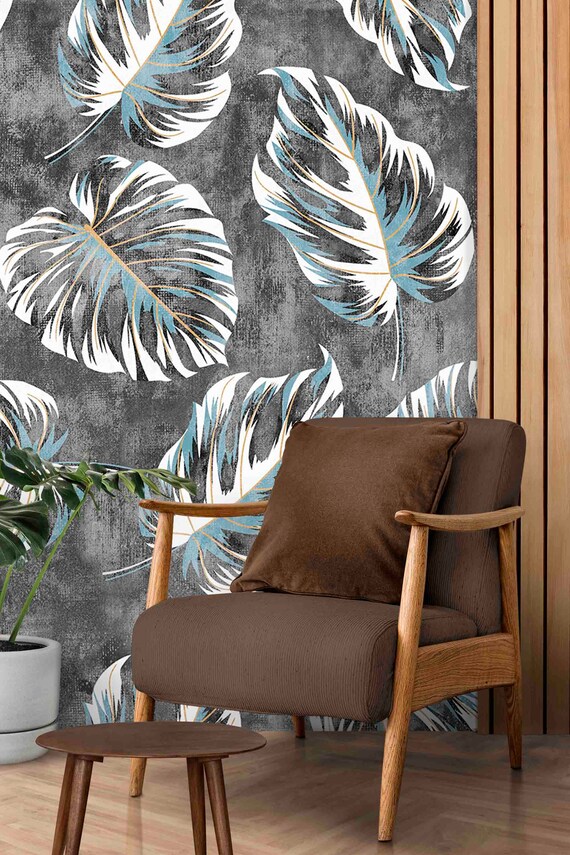 Leaf Pattern Wallpaper: Black, White & Gray Design (Custom Fit)