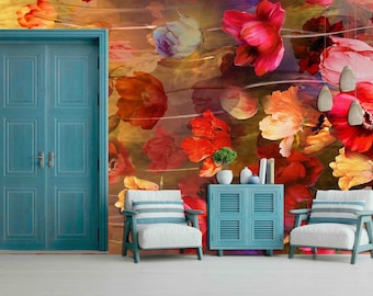Botanic Flowers Wallpaper: Custom Size Peel and Stick Wall Mural
