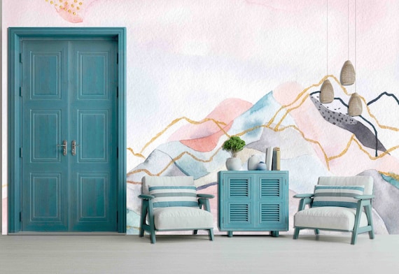 Peel and Stick Wallpaper, Pink Gold Mountains (Custom Size, Removable)