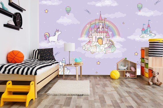 Custom Size Wallpaper - Cute Unicorn Kawaii Castle Babies Wallpaper  - Peel and Stick Wall Decal - Self Adhesive or Pre-Pasted