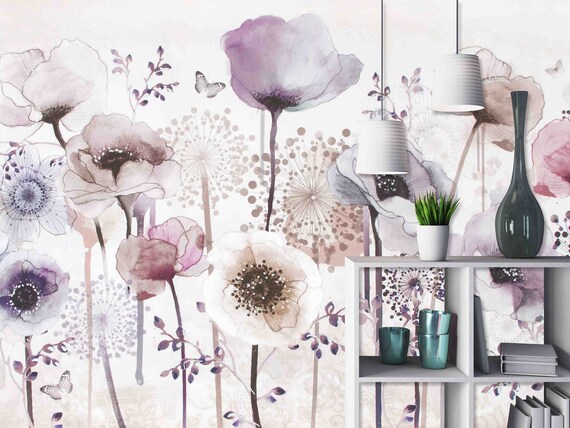 Custom Size Wallpaper - Abstract Floral Blue Pink Flowers and Leaves Wallpaper  - Peel and Stick Wall Decal - Self Adhesive or Pre-Pasted