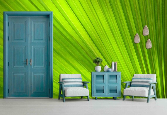 Custom Size Wallpaper - Abstract Green Palm Leaves Wallpaper - Peel and Stick Wall Decal - Self Adhesive or Pre-Pasted