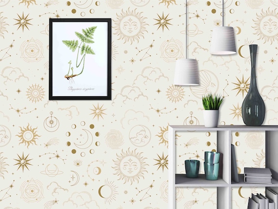 Custom Size Wallpaper - Constellations Sun Moon Eyes Clouds and Stars Wallpaper - Peel and Stick Wall Decal - Self Adhesive or Pre-Pasted