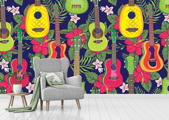 Tropical Peel and Stick Wallpaper, Fruity Ukulele Floral (Custom Fit)