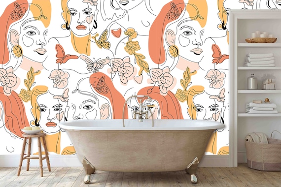 Line Art Woman Face Wallpaper, Flowers, Minimalist Style (Custom Size)