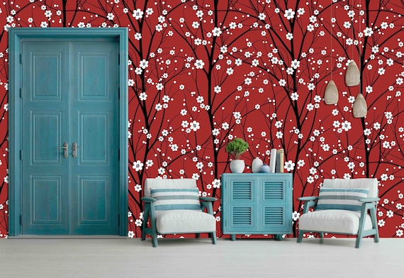 Custom Size Wallpaper - Blooming Cherry Blossom Wallpaper - Peel and Stick Wall Decal - Self Adhesive or Pre-Pasted - Removable Wallpaper