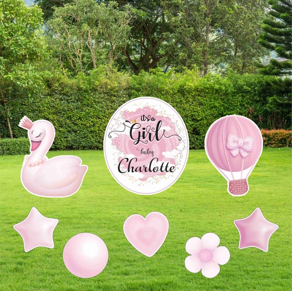 Personalized Baby Shower Yard Sign, 24 Inch It's a Girl Outdoor Decoration Set, Metal Stakes Included