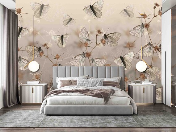 Custom Size Wallpaper - Butterflies Style Classic Wallpaper  - Peel and Stick Wall Decal - Self Adhesive or Pre-Pasted