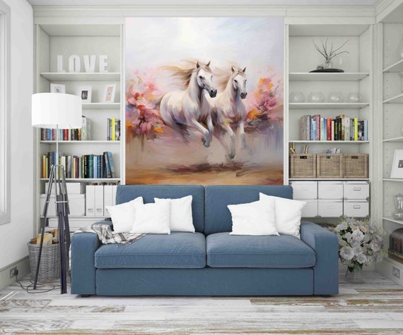 Custom Size Wallpaper - Oil Painting Horses Wallpaper Original Wallpaper - Peel and Stick Wall Decal - Self Adhesive or Pre-Pasted