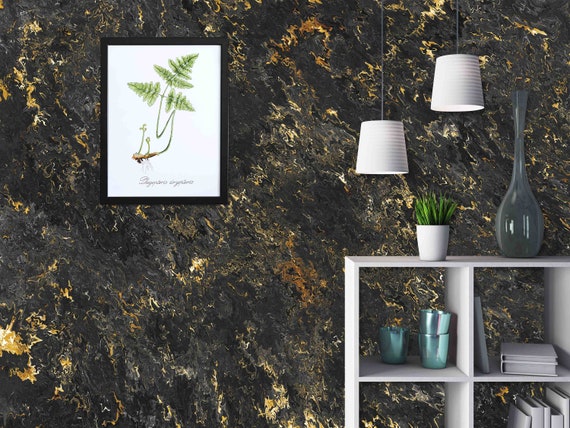 Custom Size Wallpaper - Gold Black Marble Hand Drawn Wallpaper - Peel and Stick Wall Decal - Self Adhesive or Pre-Pasted