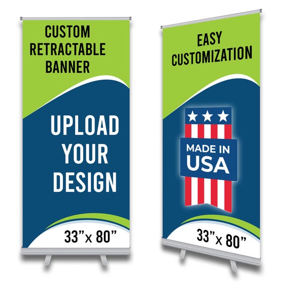 Custom Retractable Banner 33"x 80" with Stand | Travel case for Business, Trade Shows, Stores, Advertising, Events | Aluminum Roll-Up Banner