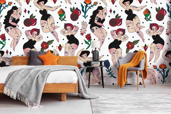 Custom Size Wallpaper - Beautiful Tattooed Women Wallpaper - Peel and Stick Wall Decal - Self Adhesive or Pre-Pasted - Removable Wallpaper