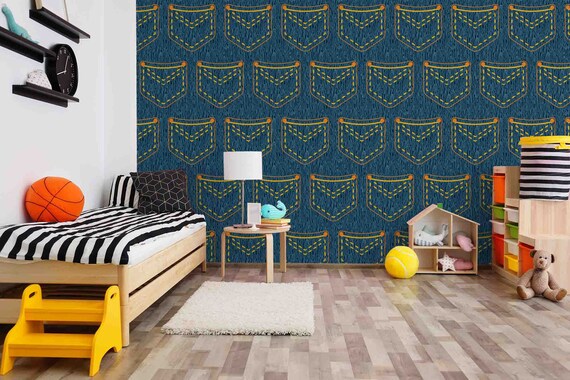 Custom Size Wallpaper - Jeans Pockets on Blue Wallpaper - Peel and Stick Wall Decal - Self Adhesive or Pre-Pasted - Removable Wallpaper
